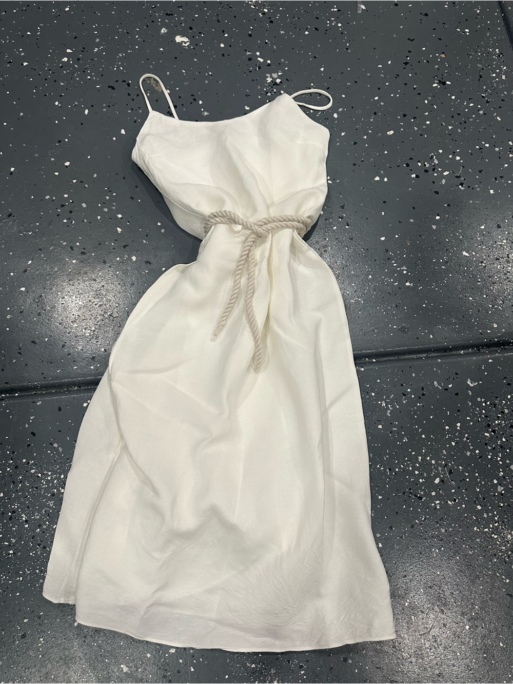 Zara linen off White Spaghetti Strap Midi Dress with Rope Belt